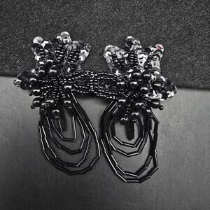 Black Seed Bead Sequin Flower Clip On Earrings Vintage Jewelry